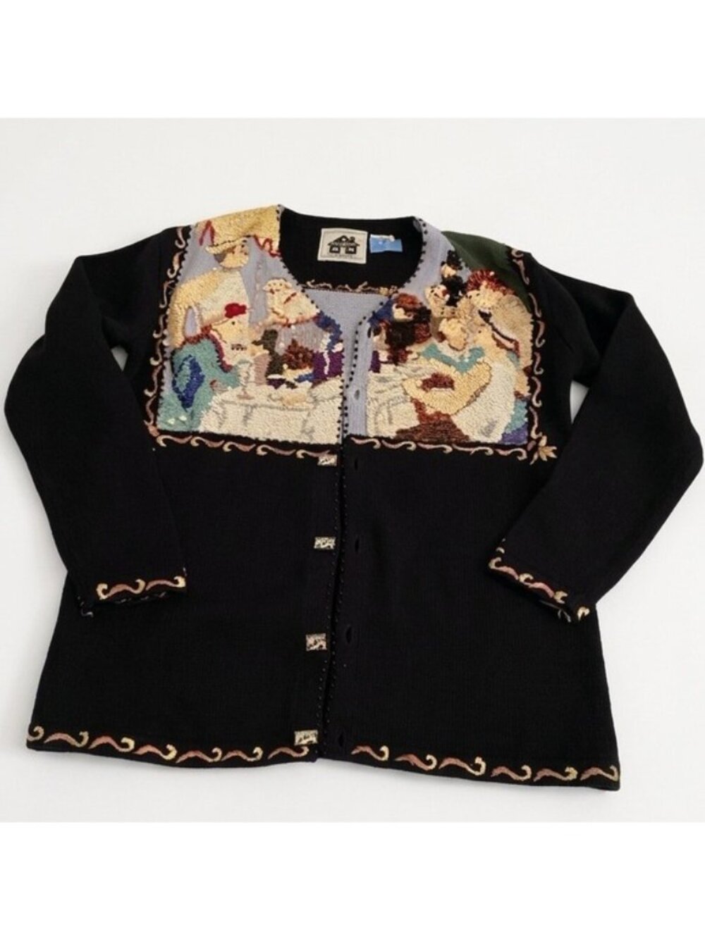 Storybook Knits Art Cardigan Sweater XS Renoir Boating Party Beaded Sequin - Picture 1 of 8